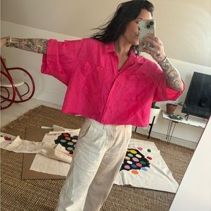 Vintage cropped hot pink silk button up top